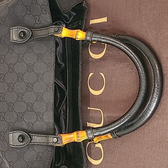 GUCCI VINTAGE EARLY 2000’S BAMBOO CANVAS/LEATHER TOTE BAG VERY GOOD COND RARE ! - Picture 10 of 17